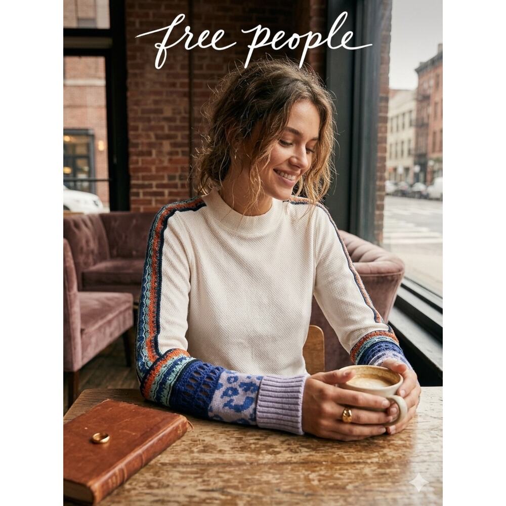 Free People Switch It Up Thermal Top Boho Contrast Sweater Sz. M